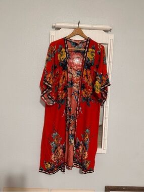Flying Tomato Red Floral Open-Front Kimono Shrug